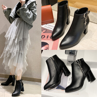 

The first layer of leather high-heeled ankle boots womens autumn&winter new side zipper thick