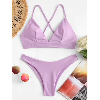 

Saidsome Fashion Women Sexy Solid Color V-Neck Bottom Bikini Set Padded Bandage Swimsuits