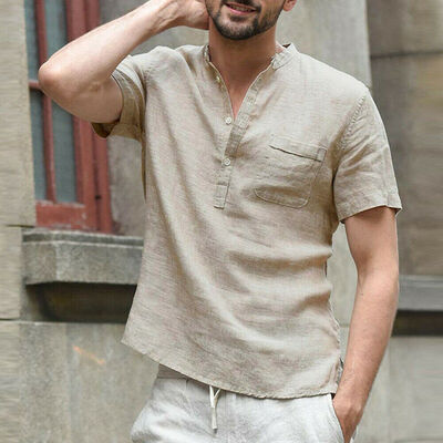 

Summer Mens Cotton Linen T Shirt Tops Casual Loose V Neck Short Sleeve Tee