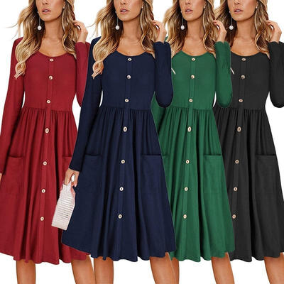 

Fashion Women Casual Long Sleeve Long Dress Buttons
