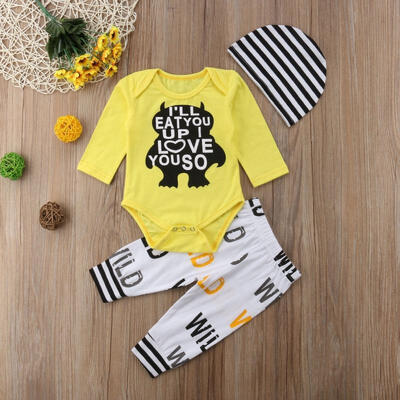

Casual 3PCS Cartoon Outfits Newborn Kids Baby Boy Monster Romper Pants Jumpsuit Clothes