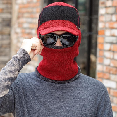 

Men Winter Two-in-One Knitted Splicing Cap Fluffy Scarf Skullies Beanies Windproof Warm Outdoors Wool Mask Balaclava Hat