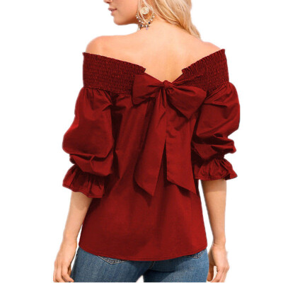 

Nomeni Women Off Shoulder Bardot T-shirts Top Puff Sleeve Bow Bandage Blouse BKL