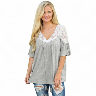 

Two-tone stitching round neck short-sleeved lace printed casual straight top