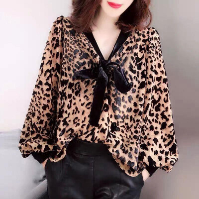 

Womens Casual Shirts Long Sleeve Leopard V-neck Tops Blouse Loose Work T-shirt