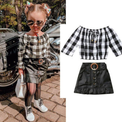 

Baby Girl Plaid Top Long Sleeve T shirt Leather Skirt Dress Outfit Clothes Set