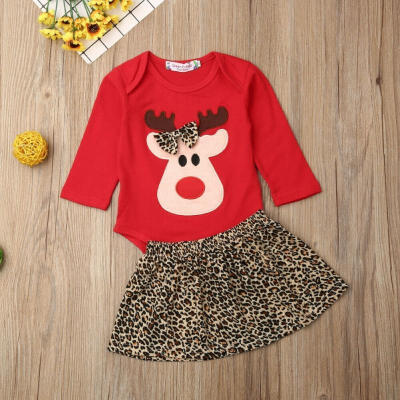 

Newborn Christmas 2Pcs Outfits Infant Baby Girls My First Christmas Long Sleeve Cotton Romper Bodysuits Leopard Skirt 0-18M