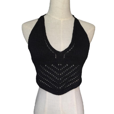 

New Fashion Women Crop Top Crochet Knit V Halter Neckline Self Tie Sexy Camisole Bikini Top WhiteBlack