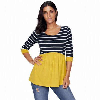 

Round neck cropped sleeves two-color striped stitching hem casual top
