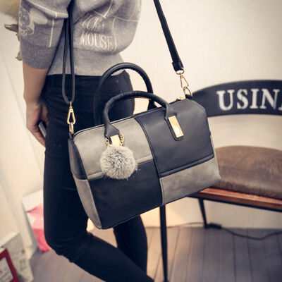 

Hot Women PU Leather Handbags Spring Hair Ball Pendant Stitching Color Versatile Messenger Zipper Simple Retro Shoulder Bag