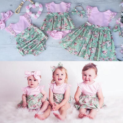 

Family Baby Girls Kids Floral Princess Dress Lace Romper Summer Dresses Headband