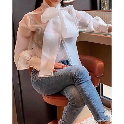 

Womens Lantern Sleeves Loose See Through Tops Shirt Formal Mesh Bow Tie Blouse