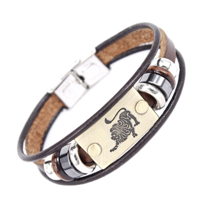 

Fashion 12 Constellation Signs Bracelet with Stainless Steel Clasp Leather Bracelet