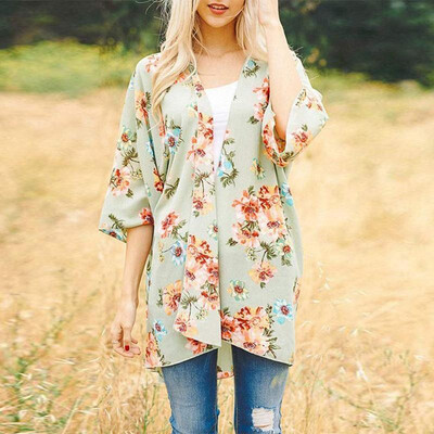 

Casual Women Chiffon Kimono Floral Print 34 Sleeve Vintage Open Cape Cover Up Coat Beach Cardigan