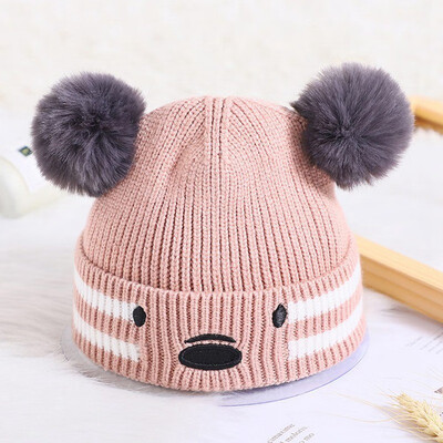 

Cute Bear Double Balls soft Baby Knitted Wool hat Thick head protector keep warm for boys&girls outdoor Autumn Winter hat
