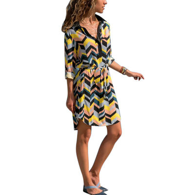 

Bohemian Style Striped Print Knee-length Dresses Casual Turn-down A Line Long-sleeved Womens Beach Party Dress 1pcs