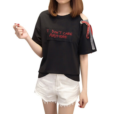 

Womens Summer T Shirt Casual Short Sleeve Letter Printed Off Shoulder T-shirt Cotton Tshirt Women Clothing Poleras De Mujer