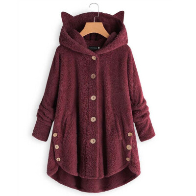 

2019 Autumn Winter Button Hooded Cat Ear Plush Top Irregular Solid color Long sleeve Coat