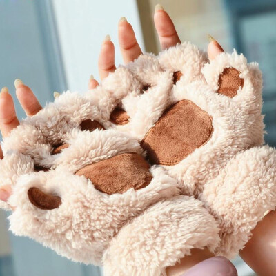 

Women Cute Cartoon Cat Thick Plush Bear Paw Half Finger Gloves Winter Girl Fingerless Cat Claw Fashion Warm Gloves