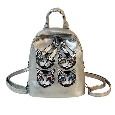 

Cat Print Travel Backpacks Women Shoulder Bags PU Leather Bright Knapsack