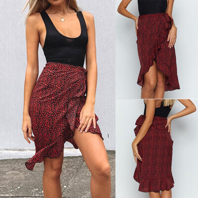 

Roseonmyhand Fashion Women Summer Red Leopard Print Ruffles Open Fork Bandage Casual Skirt