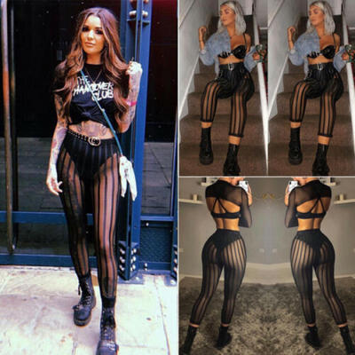 

Women Sexy High Waist See Through Flared Leg Mesh Striped Long Pants Trousers US