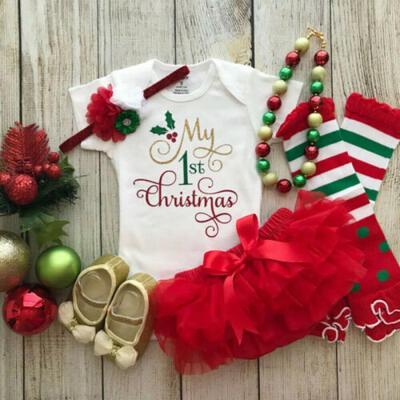 

3PCS Newborn Baby Girl My 1st Christmas RomperLace Tutu SkirtHeadband Outfits
