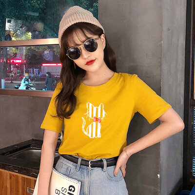 

SUMMER WOMEN FUNNY CAT PRINT T-SHIRT LADIES SHORT SLEEVE TOPS TEE BLOUSE SHIRT