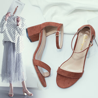 

A word buckle with womens shoes fairy wind high-heeled shoes women thick-heeled sandals women summer students Joker gladiator san