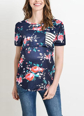 

Flowers Pattern Striped Leisure Daily T-shirt