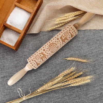 

Siaonvr Christmas Rolling Pin Engraved Carved Wood Embossed Rolling Pin Kitchen Tool
