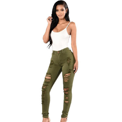

Fashion Women Skinny Jeans High Waist Stretchy Ripped Hole Pencil Pants Trousers BlackBurgundyArmy Green