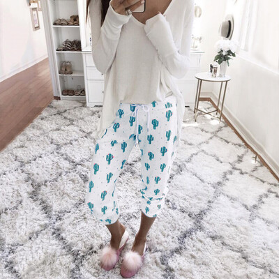 

Tailored Women Cactus Print Straight Leg Pants Waistband Bandage Mid-Waist Pants Trousers