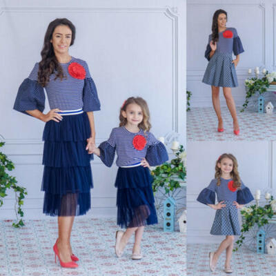 

Family Matching Outfit Mother&Daughter Shirt Women Girl Striped Bell Sleeve Tops