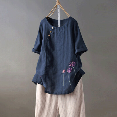 

Roseonmyhand Womens Cotton&Linen Plus Size Embroidery O-Neck Button Casual Blouse Tops