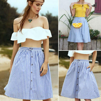 

Fashion Women Casual Stretch High Waist Stripe Flared Pleated Swing Long Skirt