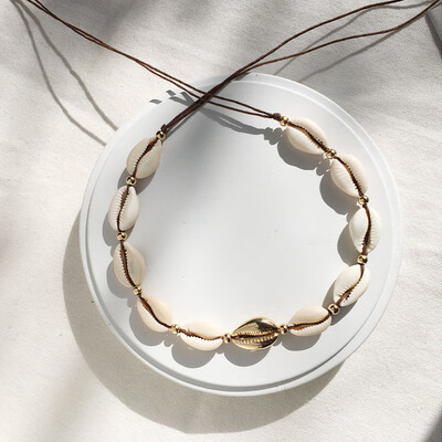 

Vintage Gold Color Bead Cowrie Shell Choker Necklace for Women Coin Pendant Necklace Rope Natural seashell Statement Collier