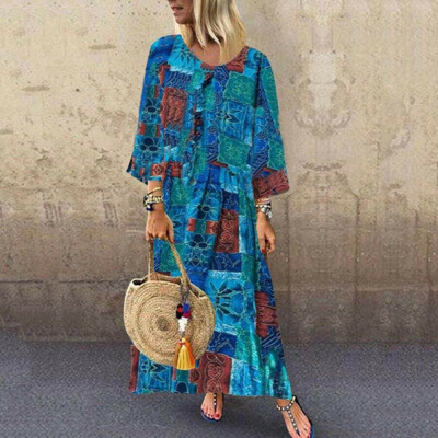 

Women Boho Cotton Linen Long Maxi Dress Long Sleeve Casual Boho Kaftan Tunic