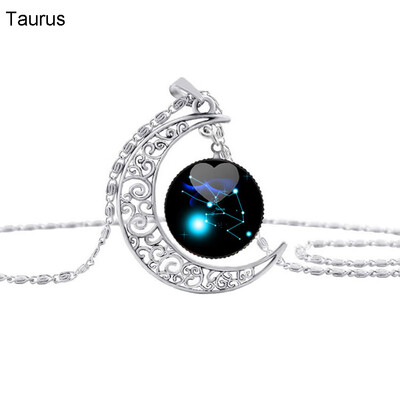 

Fashion Unisex Party Jewelry 12 Constellation Faux Gem Hollow Moon Necklace