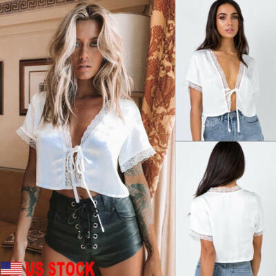 

US Womens Fashion Lace Silk Satin Short Sleeve Crop Top T-Shirt Blouse Tee Tops