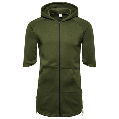 

Toponeto Men Zipper Patchwork Hooded Pocket Half Sleeve Solid Color Loose Blouse Shirt
