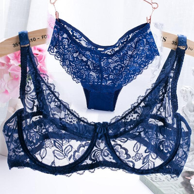 

New Women Lace Gauze Bra Sets Push Up 34 Cup Hook-and- Eye Breathable Ultra-thin bra Lingerie Underwear With Brief