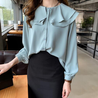 

Womens Long Sleeve Cotton Blouse Crew Neck Solid Loose Button Down Ruffled Tops