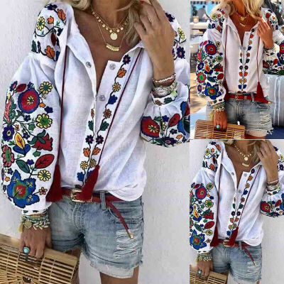 

Women Boho Floral V-Neck Long Lantern Sleeve Oversize Blouse T Shirt Tops