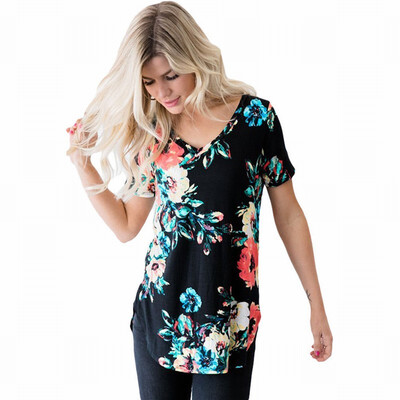 

V-neck short-sleeved floral print casual straight T-shirt top