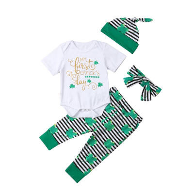 

Baby Boys Girls My 1ST StPatrick&39s Day Outfit Letter Print Romper Top Leaf Stripe Pants Leggings Hat Headband 4Pcs Cloth