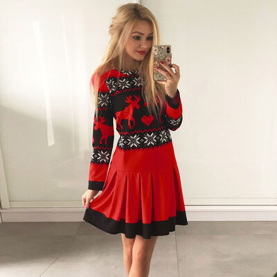 

Tailored Women Xmas Christmas Print Sweatshirts Long Sleeve Snowflake Mini Dress