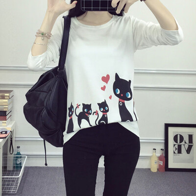 

Womens Long Sleeve Cat Print Blouse Ladies Fall T-shirt Tee Loose Casual Tops