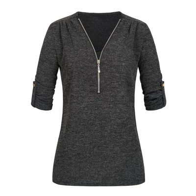 

Nomeni Womens Casual Tops Shirt Ladies V Neck Zipper Loose T-shirt Blouse Tee Top