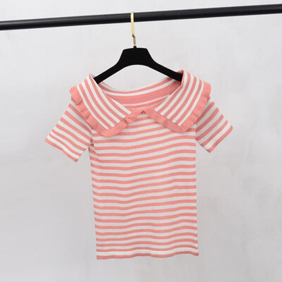 

Women Slim Doll Collar Ice Silk Short-Sleeved Knit Versatile Tops
